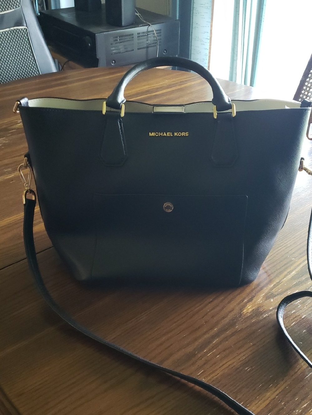 Michael Kors Black Leather Tote with Gold Hardware and Removable Strap 2 Way